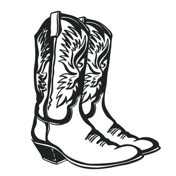 Cowboy boots and hat. Vector graphic hand drawn illustration isolated on white for print or design