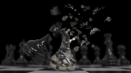 Fototapeta na wymiar Hit and broken of two main hero chess with chrome material and other character chess black color stand in background with 3d rendering depth of field include alpha path.