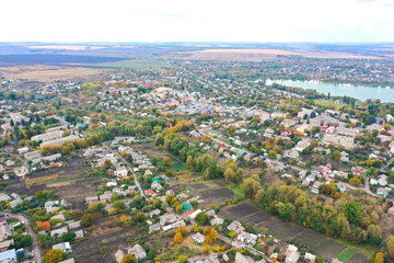 Fototapeta na wymiar Drone shooting. A small town in Ukraine. October. Autumn. 