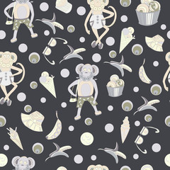 Seamless pattern with monkeys in clothes and shoes on a brown background. Banana ice cream