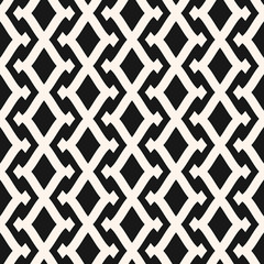 Vector geometric seamless pattern with rhombuses, diamond shapes, mesh, grid, lattice, net. Tribal ornament, folk motif. Simple black and white abstract texture. Monochrome ornamental background