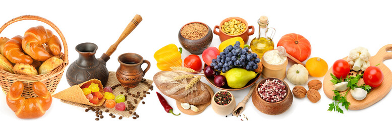 Set of natural products isolated on white background. Panoramic collage. Wide photo.