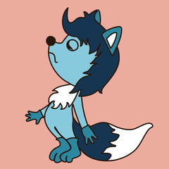 emoticon with a cool indifferent, arrogant, alienated wolf with blue wool that stands with its nose raised to the top, color emoji on isolated background