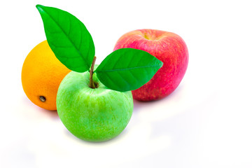 Green apple Red apple and Orange on the white background with clipping path