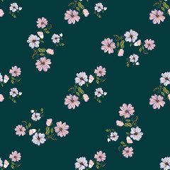 Seamless pattern with colorful hand drawn flowers. Original textile, wrapping paper, wall art surface design. Vector illustration. Floral simple minimalistic graphic design