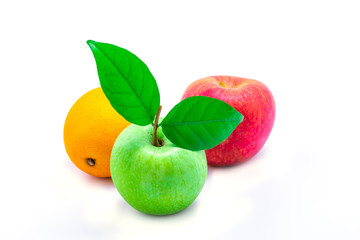 Green apple Red apple and Orange on the white background with clipping path