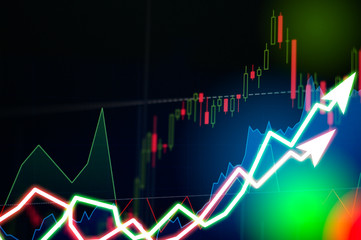 Stock market digital graph chart on LED display concept. A large display of daily stock market price and quotation. Indicator financial forex trade education background.