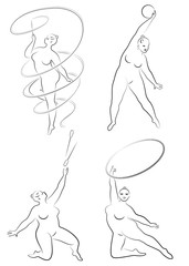 Collection. Gymnastics Silhouette of a girl with a hoop, ribbon, ball, clubs. The woman is overweight, a large body. The girl is a full figure. Set of vector illustrations