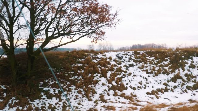 Train view through the window on the fields in winter in 4k slow motion 60fps