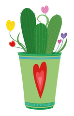 Vector Love heats. Love plants  cactus in a home pot. Valentine's Day Gift. Home plants cactus grown in love.