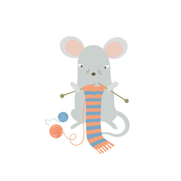 Cute mouse knitting a scarf. Funny cartoon rat enjoying cozy leisure activity at home. Humanized symbol of 2020 Chinese animal zodiac. Vector isolated  illustration