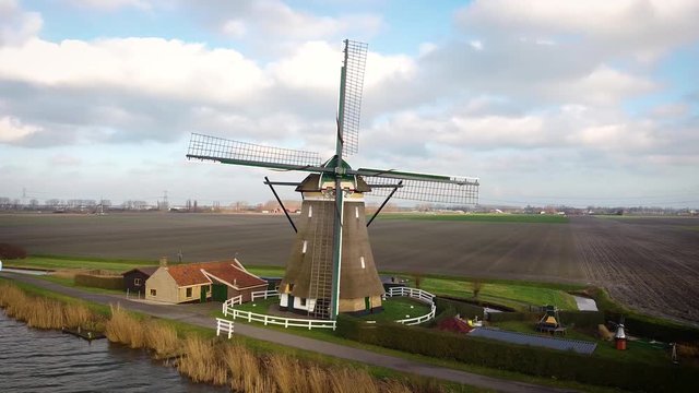 Aerial drone shot of a dutch windmill in holland. 