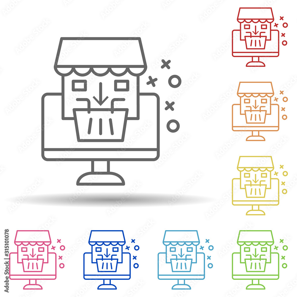 Poster computer shop basket shopping in multi color style icon. simple thin line, outline vector of online 