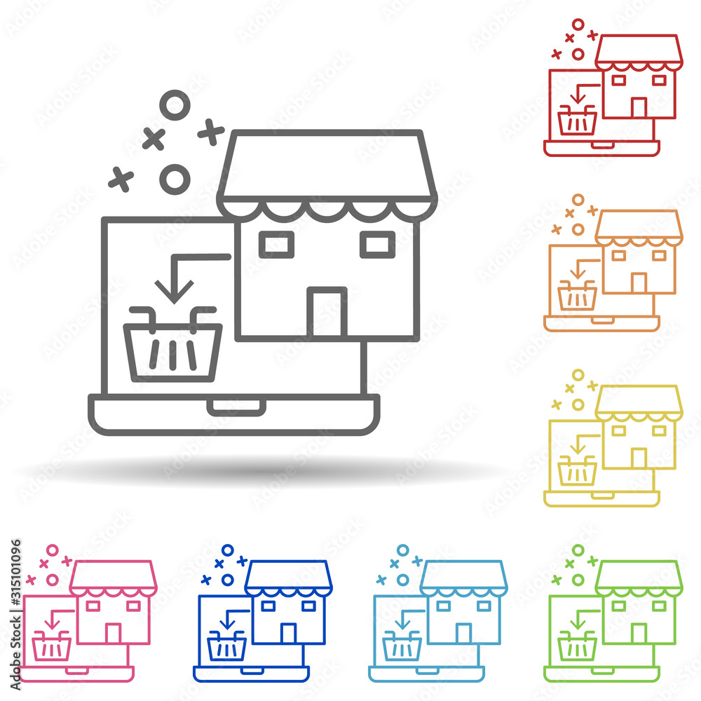 Aufkleber laptop shopping basket in multi color style icon. simple thin line, outline vector of online shoppin