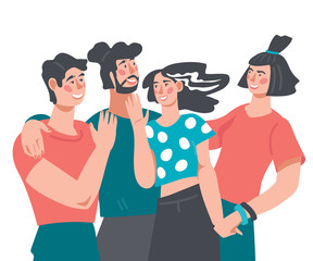Group of smiling friends holding hands and embracing. People, young men and women.