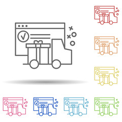 Fototapeta na wymiar Truck deliver gift commerce in multi color style icon. Simple thin line, outline vector of online shopping icons for ui and ux, website or mobile application