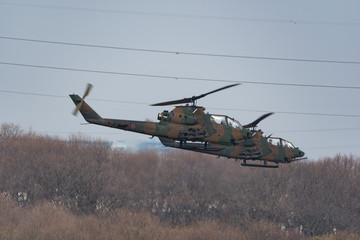 飛行する陸上自衛隊の攻撃ヘリコプター