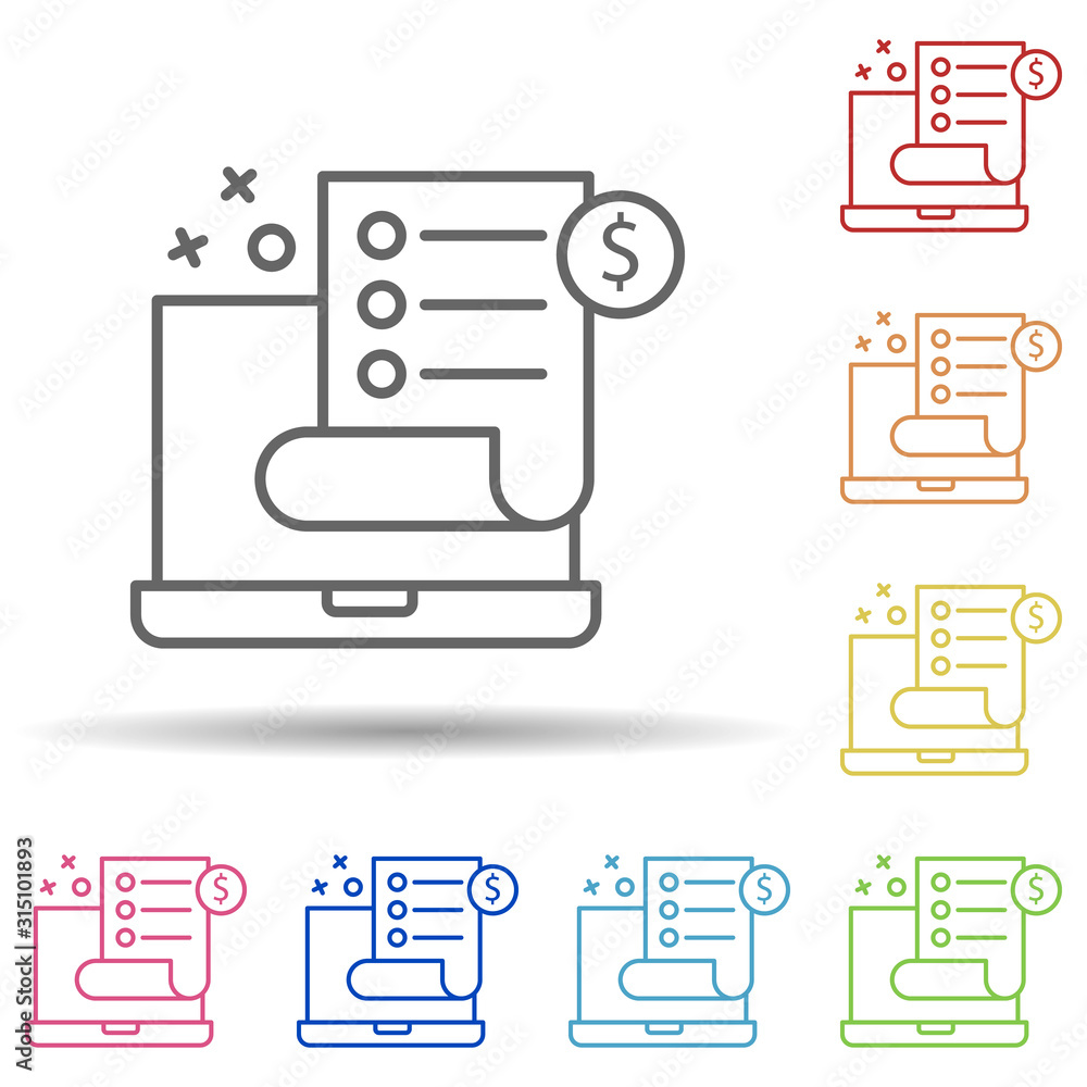 Poster laptop document shopping in multi color style icon. simple thin line, outline vector of online shopp