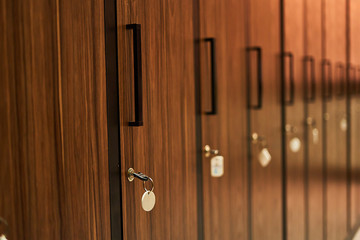 Wardrobe, lockers for clothes in the sauna or gym, the cabinet is locked