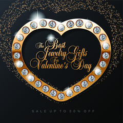 Luxury Valentines Day jewelry sale, special offer, discount, advertising campaign square vector banner, flyer, poster, voucher, social media post template with gold jewelry, diamonds and text on black