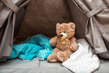 teddy bear and soft blankets in tent