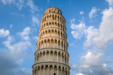 Pisa tower upper part with nobody, sunset light. Pisa, Italy.