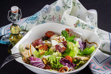  Mediterranean salad close-up view and made with fresh ingredients