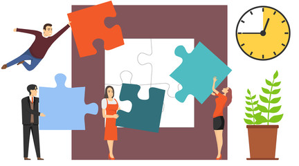 Collaboration, cooperation, partnership, mutual assistance. A group of people, mini characters assemble a puzzle. Vector illustration.