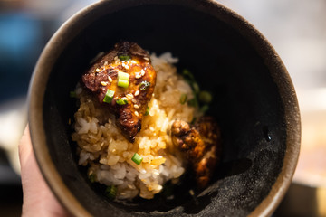 Bowl rice topped with grilled foie gras