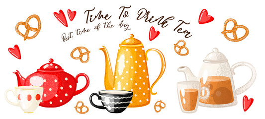 Cute set teapots with pretzels and little hearts on a white background. Сartoon style.