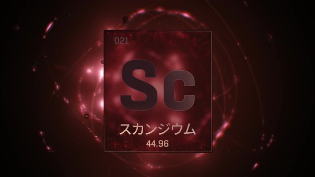 Scandium as Element 21 of the Periodic Table. Seamlessly looping 3D animation on red illuminated atom design background orbiting electrons name, atomic weight element number in Japanese language