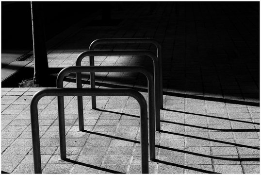 Aparcamientos para bicicletas al lado de un &aacute;rbol en una acera de Barcelona en blanco y negro-