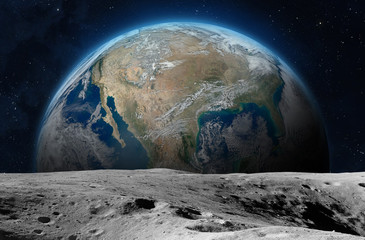 Moon surface and planet Earth.