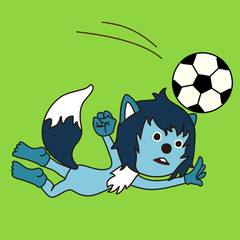wolf soccer player with blue wool  in the fall bounces a football ball, color vector clip art on green isolated background