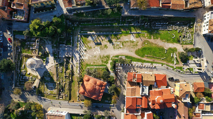 Aerial drone photo of picturesque Plaka district in the slopes of Acropolis hill, Athens historic...