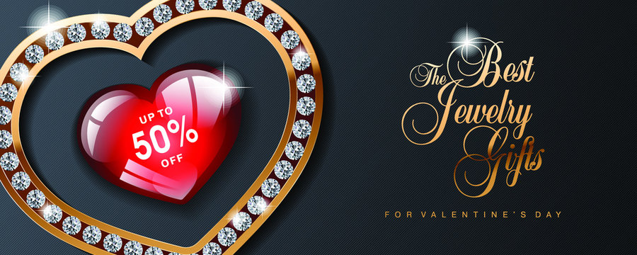 Luxury Valentines Day jewelry sale, special offer, discount, advertising campaign vector banner, flyer, poster, voucher, website header template with gold jewelry, diamonds and text on black