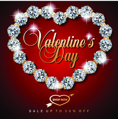 Luxury Valentines Day jewelry sale, special offer, discount, advertising campaign square vector banner, flyer, poster, voucher, social media post template with gold jewelry, diamonds and text on dark 