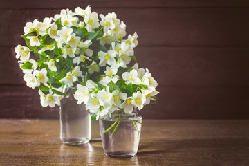 bouquets of fragrant Jasmine in glass vases on a wooden table. background with Jasmine bouquets close-up. Jasmine branches on a wooden background.