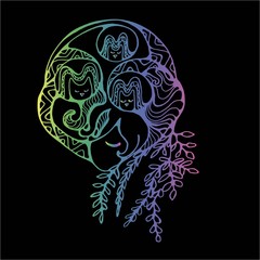 Illustration of a girl with owls in her head. A meditative image of the spirit of the forest. The idea for a tattoo.