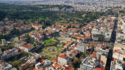 Fototapeta na wymiar Aerial drone photo of picturesque Plaka district in the slopes of Acropolis hill, Athens historic centre, Attica, Greece