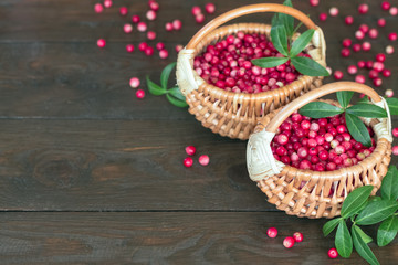 fresh ripe cranberries in wicker baskets on a wooden table. harvest collected in the forest cranberries.