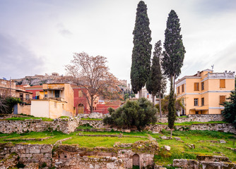 View of the Roman Agora, in Athens, Greece. The historic district of Plaka and the Acropolis are in...