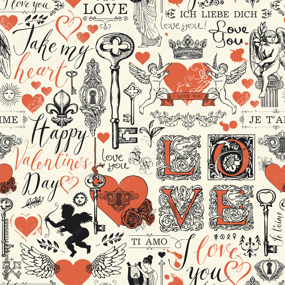 Poster vector seamless pattern with red hearts, keys, keyholes, cupids and inscriptions on the theme of lov