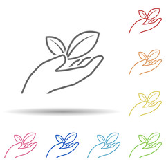Fototapeta na wymiar Leaf, organic, hand in multi color style icon. Simple thin line, outline vector of pollution icons for ui and ux, website or mobile application