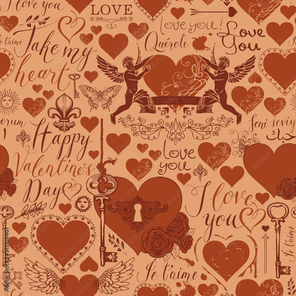 Poster vector seamless pattern on the theme of love and valentines day in retro style. abstract background 