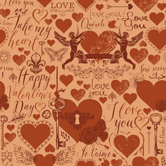 Vector seamless pattern on the theme of love and Valentines day in retro style. Abstract background with the words I love you in different languages, with red hearts, keys, angels and inscriptions