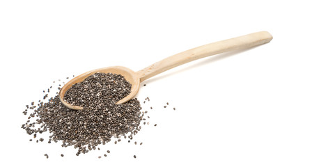 Slanted side view of chia seeds on a long shafted wooden spoon isolated on white background