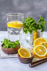 Photo of fresh cool lemon mint water. Infused water. Cocktail. Detox drink. Health care. Fitness. Summer drink. Still life photography. Image.