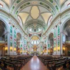 Mannheim, Germany. Panorama of interior of Jesuit Church of St. Ignatius and St. Francis Xavier....