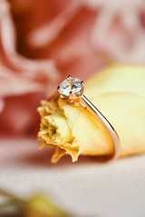 Obraz na płótnie Canvas Diamond Gold Ring and Pink Flower Background